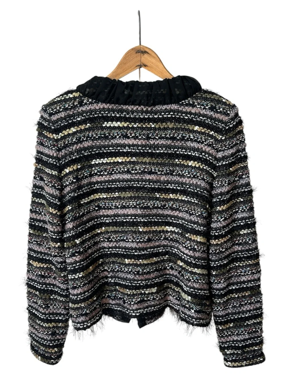 Misook | Women’s Black/Multi Knit Front Clasp Long Sleeve Collarless Blazer Sz S